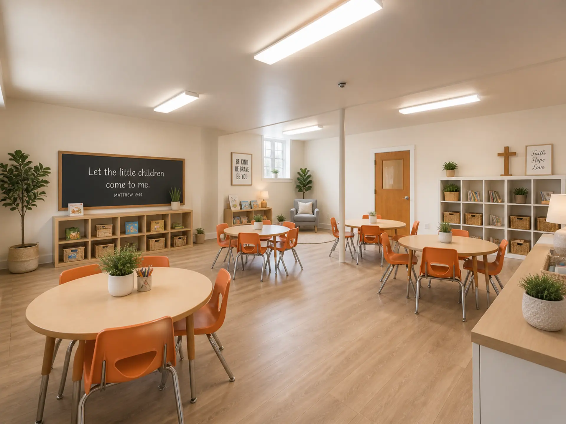 Virtually staged classroom concept with orange chairs