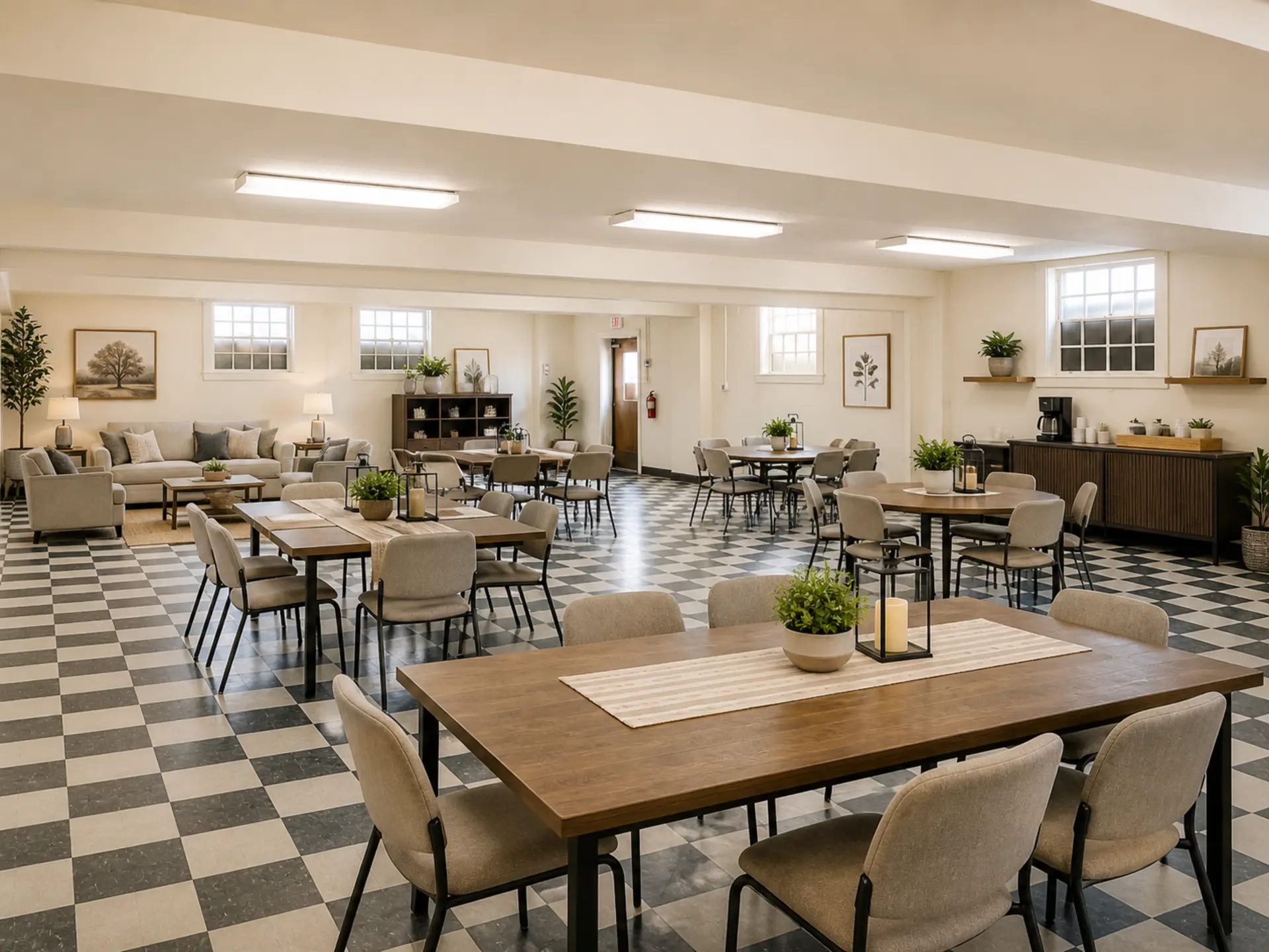 Virtually staged community hall dining concept