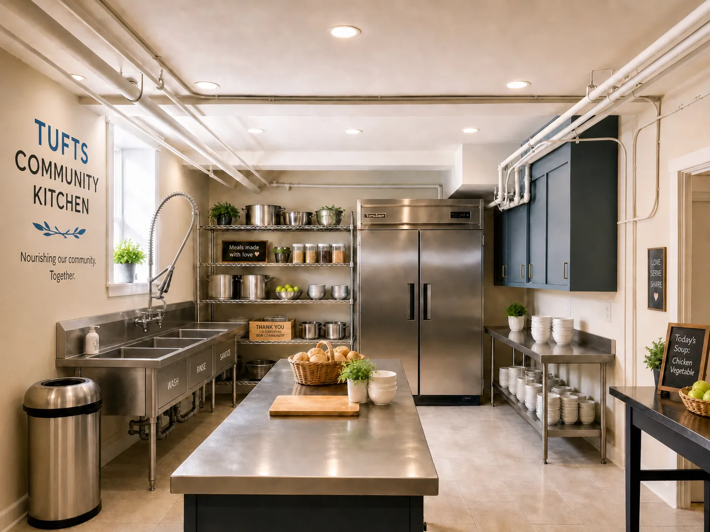 Virtually staged community kitchen prep concept